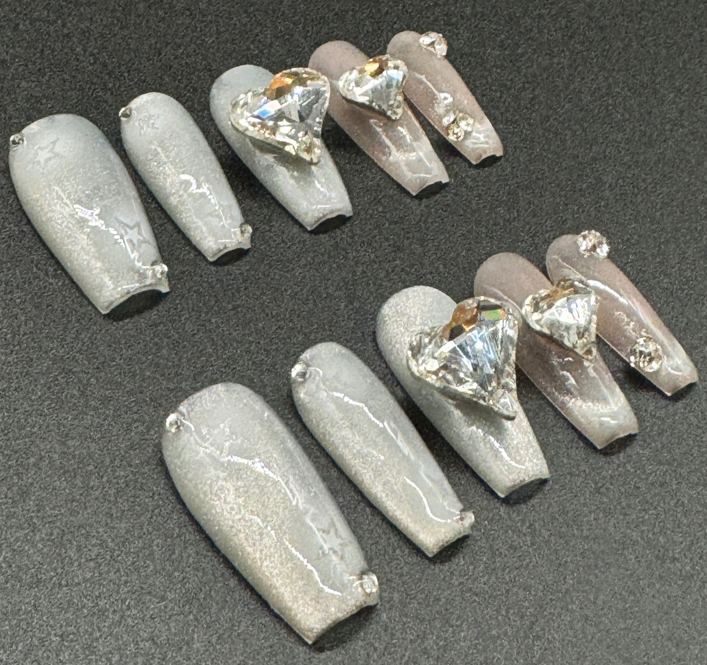 Silver Heart Shaped Diamond Nail Set | Best Quality Press-on Nails