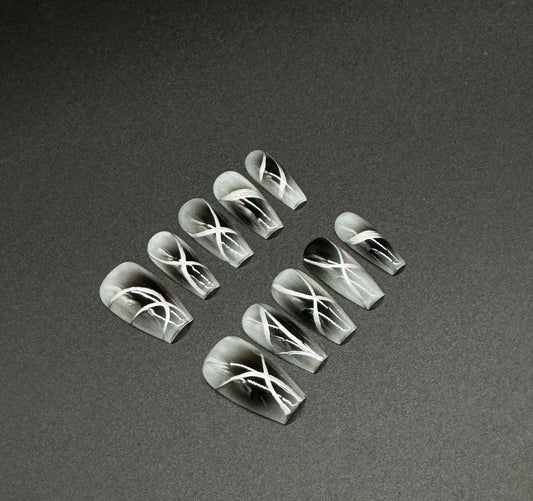 Black/Silver Marble Swirl Press-on Nails