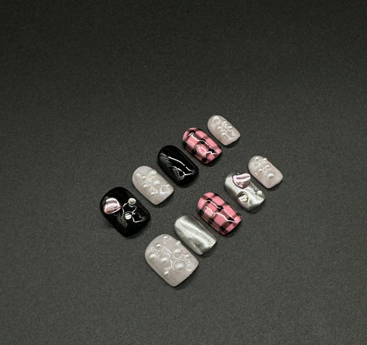 Black/Pink with Charms Press-on Nails