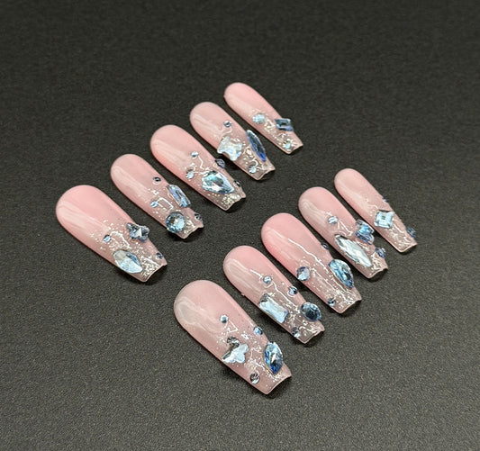 Nude with Flash Blue Geometric Press-on Nails